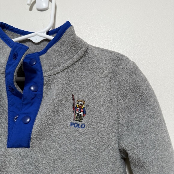 Ralph Lauren Gray Fleece Quarter Snap Skiing Polo Bear Blue Trim Boy 24 Months - Picture 3 of 5